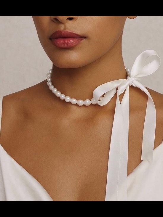 Accessories - Classic Pearl Choker Necklace with White Ribbon Bow